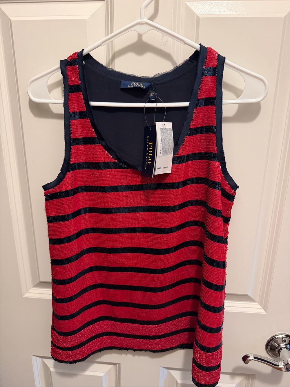 Polo by Ralph Lauren Red and Navy Striped Sleeveless Sequined Tank